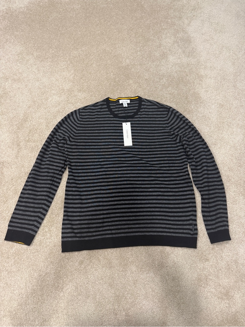 NWT Calvin Klein men striped sweater black and gray with yellow accent, size XL
